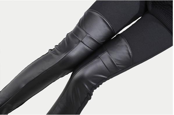 Women's Faux PU Leather Legging Fashion Solid Leggings Patchwork Elastic Pants Plus Size LG-612