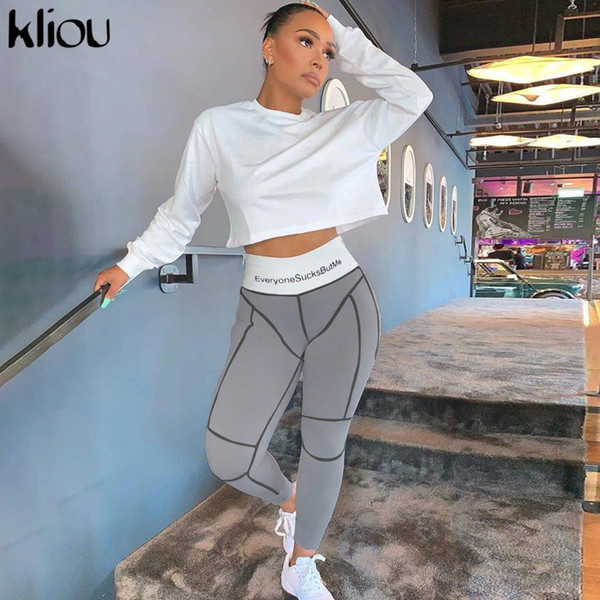 kliou high waist letters print fitness leggings autumn winter women fashion patchwork striped streetwear sporty slim pants T200103