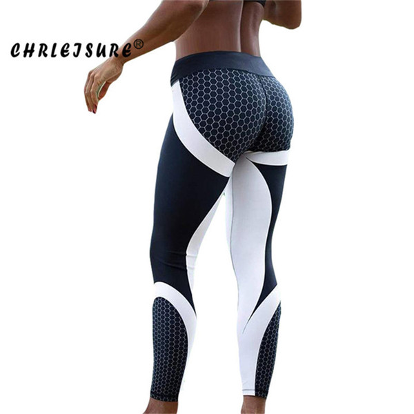 CHRLEISURE Fitness Legging Geometric honeycomb digital printing Leggings high waist Hip breathable polyester Women Legging T200102