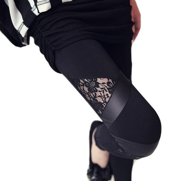 Charming Lace hollow out Leggings Skinny Stretch Pants for Autumn Winter Triangular Lace PU Leather Leggings whole seasons