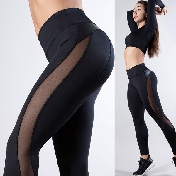 Women Leather Leggings Fitness Push Up Legging Pants Mesh Patchwork Fashion Female Black High Waist Workout Legging Femme