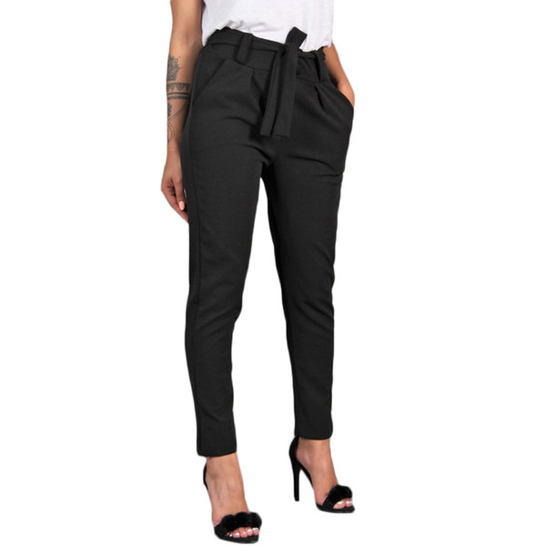 Women Office Pencil Pant High Waist Bow Tie Trousers Bandage High Waist Elastic Stripe Casual Pant Female Trouser 2019 #F