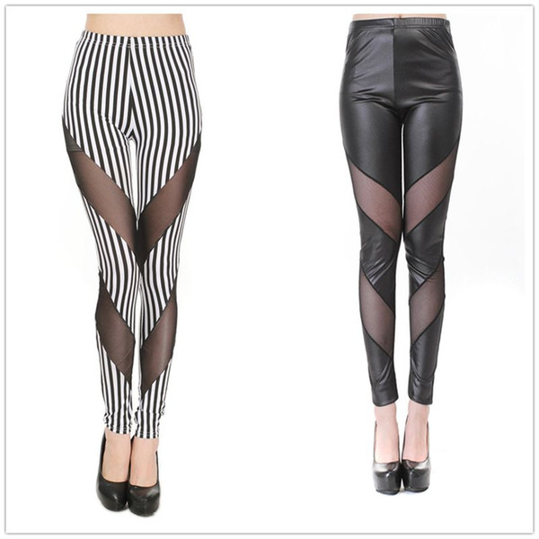 lady fashion striped ankle leggings black white fake leather patchwork slim legging summer mesh leggings pencil leather pants
