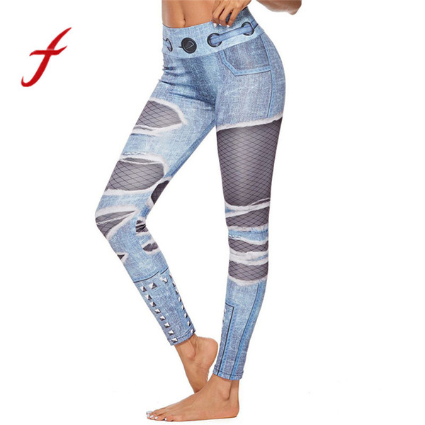 Patchwork Printing Leggings New Fashion Blue Color Women Workout Shredded Print Leggings Fitness Workout Pant