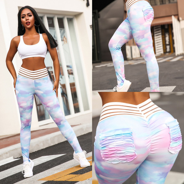New Hip Slim Leggings Print Ladies Casual Split Lace High Waist Butt Folds Pocket Fitness Fitness