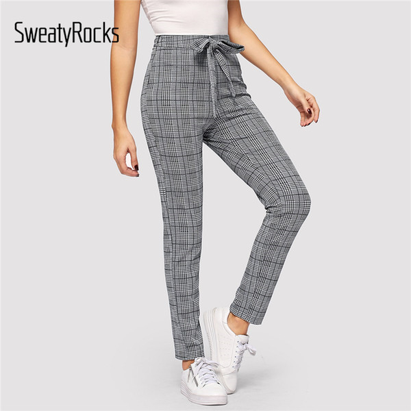 SweatyRocks Grey Knot Waist Glen Plaid Cigarette Pants Casual Long Trousers 2018 Autumn Workwear Women Straight Leg Belted Pants