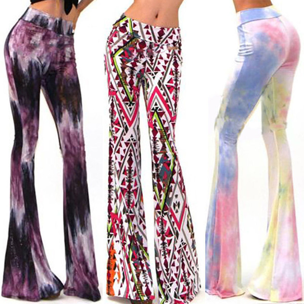 Wholesale- Fashion Women Boho Pants Bell Bottom High Waist Stretch Slim Floral Print Flare Printing Leggings Hot