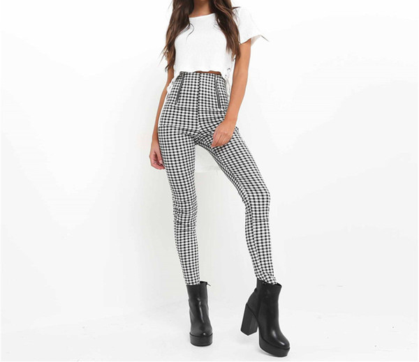 High Waist Black and White Plaid Slim Feet Casual Trousers Women Leggings Plus Size