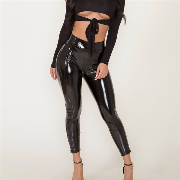 Fashion sexy Leather High Waist pants Women spring autumn daily causal Leggings Wet Look Stretch Trousers Stage Leggings #25A