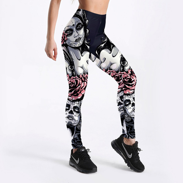 Fitness Leggings New Arrival Women Leggings Sexy Girl With Roses Casual Printed Leggings Gothic Fitness Workout Mid Waist Pants S 4Xl