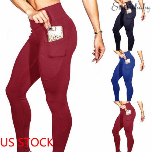 Women Casual Sport Pants High Waist Fitness Leggings Running Gym Scrunch Trousers With Pocket