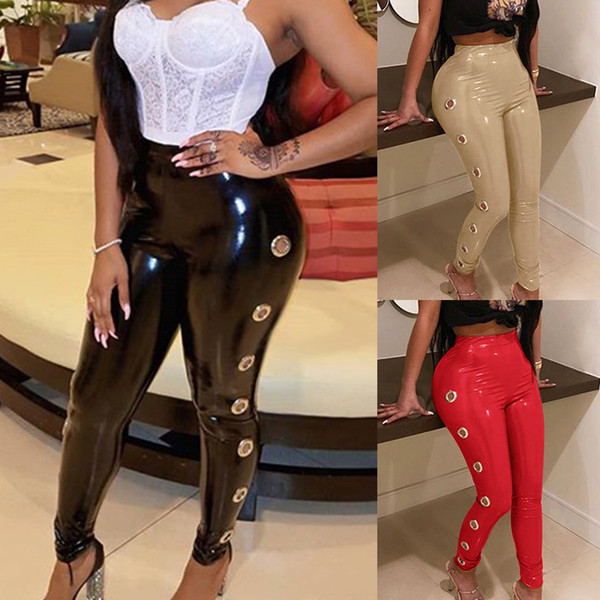 Bright PU Leather Double Metal Ring Women Skinny Pants 2019 Hot Sale Sexy High Waist Red Black Apricot Locomotive Pants Club Leggings