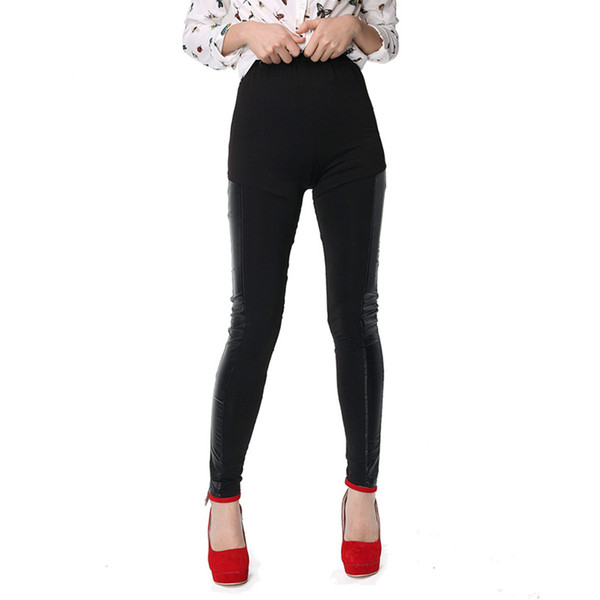 Sexy Women Slim Sporting Leggings PU Leather Splice Elastic High Waist Leggings Femmes Casual Cool Skinny Pencil Pants Trousers