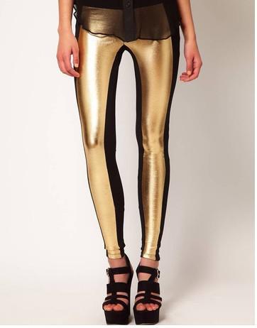 Free High elastic golden PU Leather Black Knit stitching hit color Leggings 6 colores