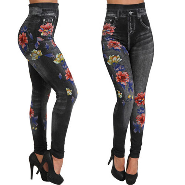 Women Jeans Leggings Autumn Flowers Printed Slim Woman Jeggings Ladies Fake Jeans Trousers Leggings