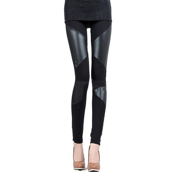 New Slim Fit Women Leggings Splicing Sexy Stretch Stripe Leggins Faux Leather Legging Ladies Skinny Pants