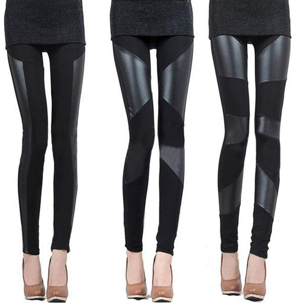 Black Women's Casual Cotton Blended Leggings with PU Panel