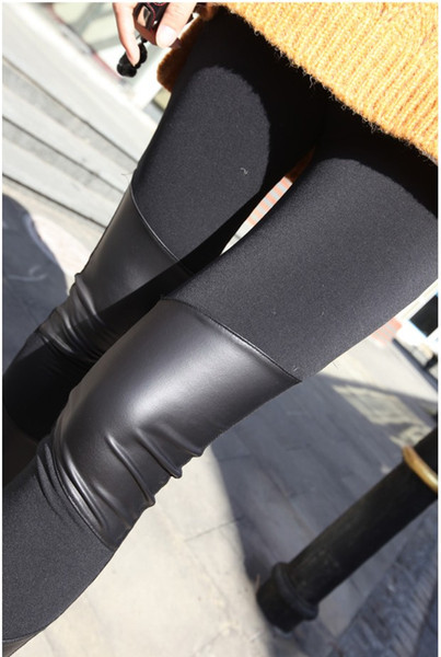 001 2014 Fashion Women's Leggings Black Faux Leather Patchwork Slim Ankle Length Trousers Show Thin Skinny Pants Free Shipping