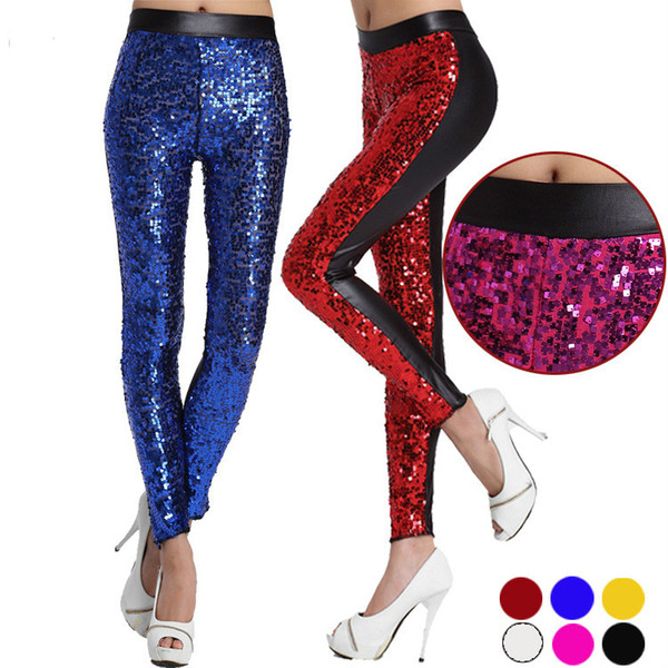 Women's Fashion Clothing High-waist Splice Leather Pants Sequins Leggings Casual Pant