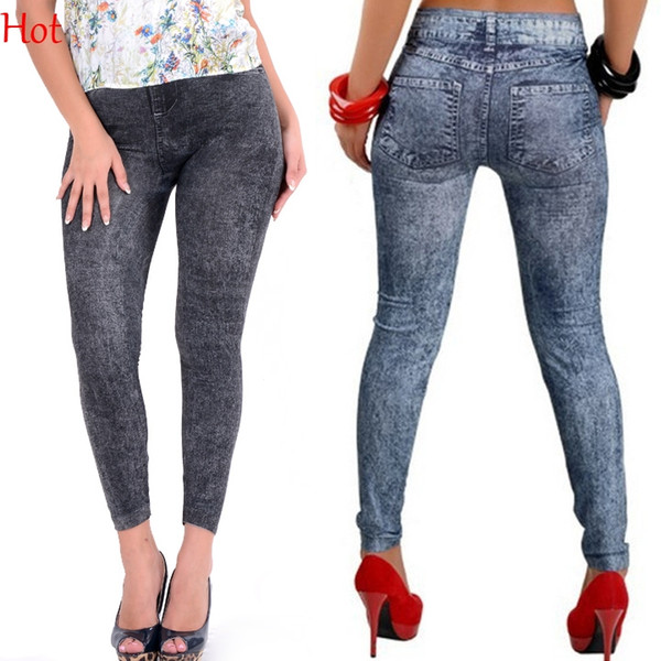 Wholesale Fashion Ladies Jeggings Casual Stretch Imitated Jeans Faux Denim Jeans Leggings Pencil Pants Thin Skinny Leggings Jeans SV004648