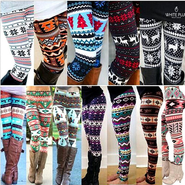 Women Snowflake Leggings Skinny Xmas Snowflake Reindeer Slim Pencil Pants Floral Print Leggings Elastic Tights Xmas Pants Trousers