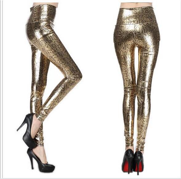 Retail New Fashion Gold Sexy Elastic Imitated Leather Snake Print Leggings Waisted Skinny Pants Tight Pants Free Shipping