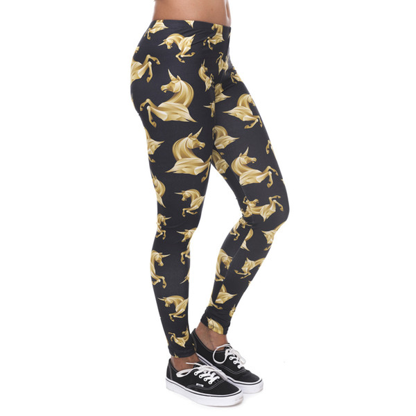 DHL FREE ! 10pcs/lot Leggings Women Golden Unicorn Printing Black Leggings Woman High Waist Casual Leggings