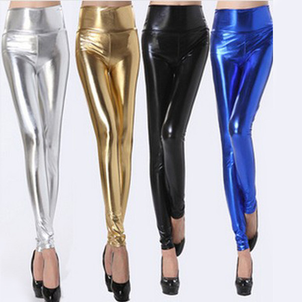 High Waist Solid Color Shiny Leggings Pants Tights Classic Design One Size Black Blue Gold Silver