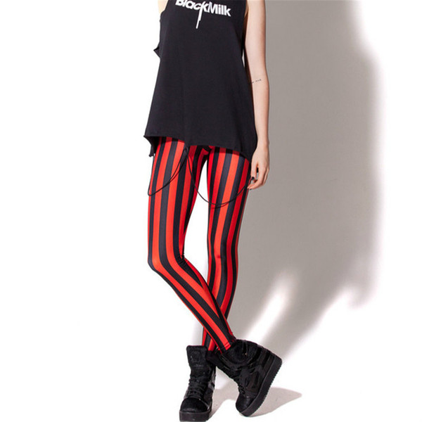 Wholesale- Vertical Stripe Legging 3d Printed Women Black Red Punk Rock Style Sexy Leggings Out Door Fashion New Clothing Lady Costumn