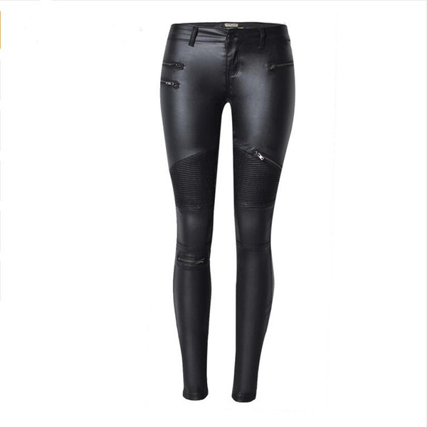 New Fashion Imitation Denim Slim Leggings for Women Black Motorcycle Streetwear Pants Folds Zippers PU Leather Pants