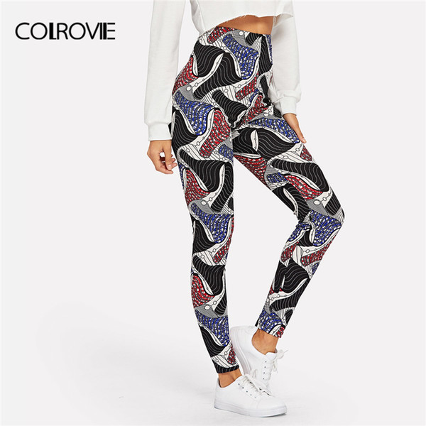 COLROVIE Multicolor High Waist Allover Print Active Leggings Streetwear Fashion Striped Pants Office Ladies Casual Trousers