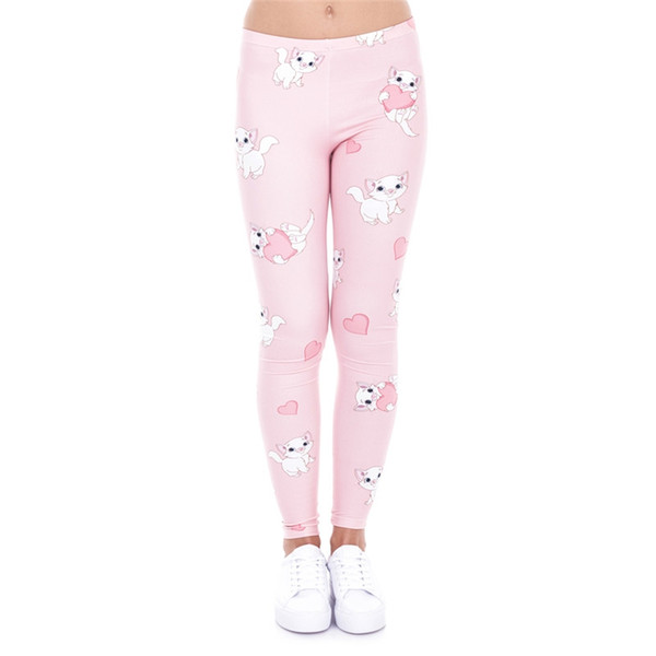 2017 Cute Women's Sporting Leggings Pink Cat Kitty Slim Leggins High Elastic Mid Waist Soft Comfortable Pants