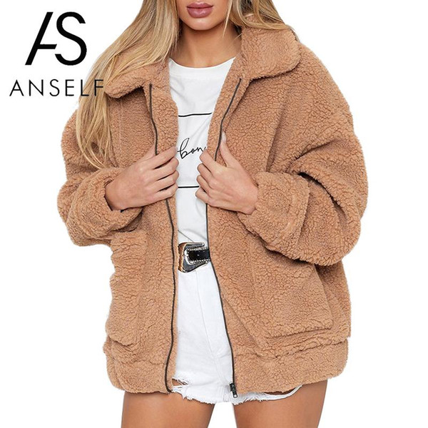 Winter Women Faux Fur Solid Color Jacket Fluffy Teddy Bear Fleece Zipper Pockets Long Sleeve Furry Coat Casual Street Wear