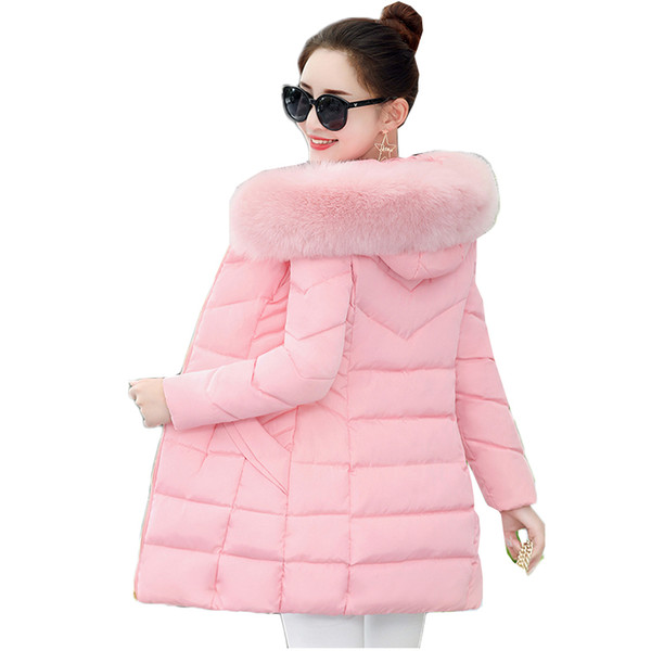 Korean Style Winter Coat Women Fur Collar Padded-Cotton Parkas Female Thicker Coats Jackets Medium-Long Hooded Overcoats Women