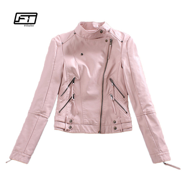 Autumn Womtne Faux Leather Jacket Short Design Soft Pu Slim Pink Jacket Punk Fashion Womens Biker Motorcycle Clothing