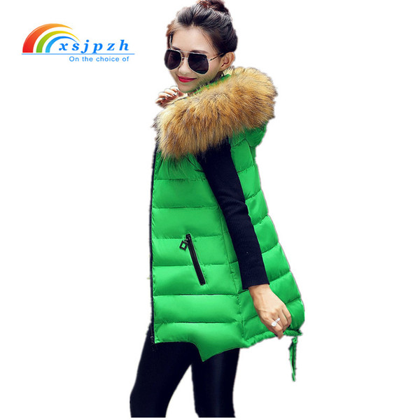 XSJPZH New Winter Cotton Vest Women Casual Fur Hooded Coat Female Slim Warm Vest Long Sleeveless Jackets Plus Size 4XL YQ056