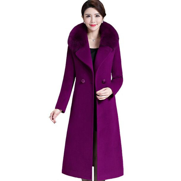 New 2019 Women Long Wool Coat Faux Fur Collar Solid High-grade Ladies Winter Coats Big Size Woollen Keep Warm Overcoat DC321