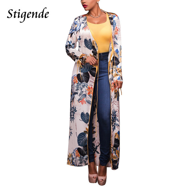 Stigende Women Summer Boho Style Floral Print Beach Wear Full Sleeve Maxi Chiffon Cardigan Casual Long Trench Coat Outerwear