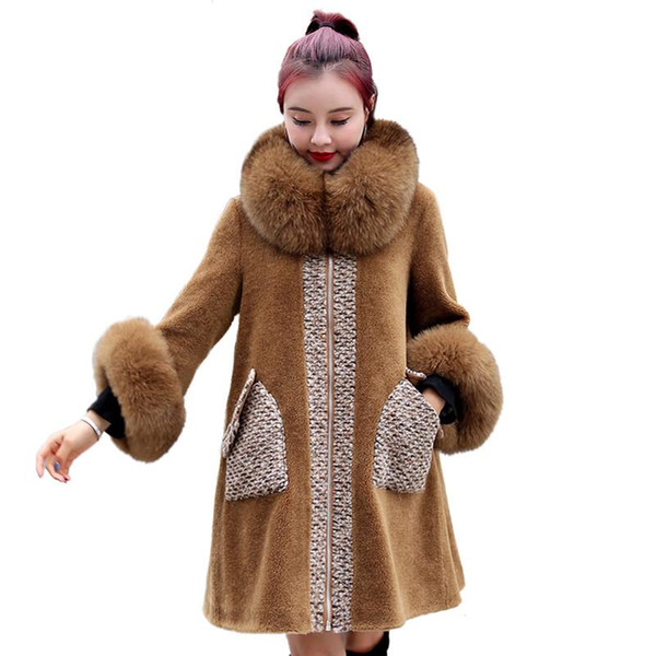 Women Fashion Winter Sheep Shearing Fur Coats with Fox Fur Hooded Overcoat Female Thickening Warm Wool Coats Outerwear V397