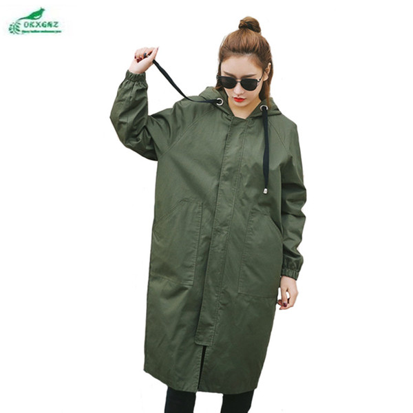 0KXGNZ New Spring Women Trench Coat 2017 Long Leisure Hooded Army Green Overcoat Loose Zippers Outwear Plus Size Trench HY22