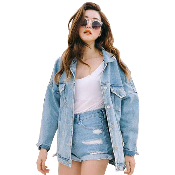 Wholesale- Casual Women's Retro Boyfriend Oversized Denim Jacket Loose Jeans Coat Outwear