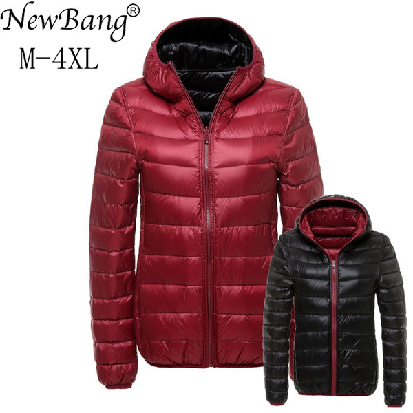 NewBang 4XL Down Coats Women Hooded Ultra Light Down Jacket With Carry Bag Travel Double Side Reversible Jackets Plus