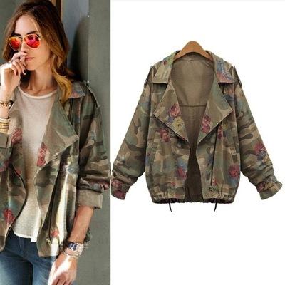 Wholesale- 2016 Europe Large Size Loose Leisure Short Coat Fashion Simple Lapel Bat Sleeve Rose Printing Camouflage Jacket Femme Tops