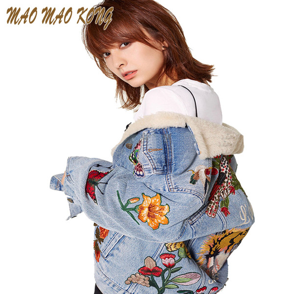 Wholesale- Women Tiger Butterfly Flower Bird Animal Pattern Embroidery Denim Jacket Turn Down Collar Coat Outwear