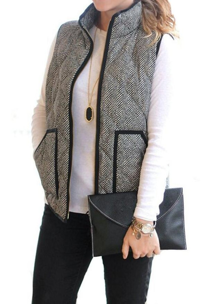 Wholesale-Big Pocket Autumn Winter Sleeveless Women Cotton Casual Ladies Jackets Black denim Herringbone Vest Quilted Cotton Puffer Vest