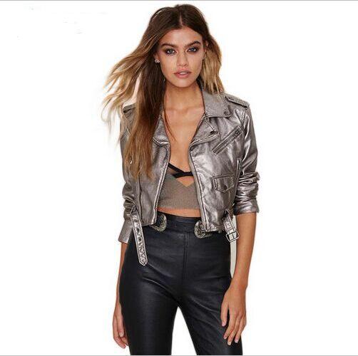 Spring Black Lapel Oblique Zipper Crop Pu Jacket Punk Style Silver Bandage Women PU Leather Jacket Coat Casual Crop Tops H303