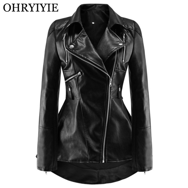 OHRYIYIE Women Motorcycle Leather Jackets 2019 New Spring Autumn Turn-down Collar Outwear Coats Female Oblique Zipper PU Jackets