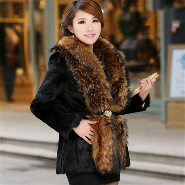 XS-6XL 2018 New Rabbit Fur Coat Autumn Winter Female Waist Was Imitation Raccoon Collar Coats Plus Size Women Long Jackets A1476