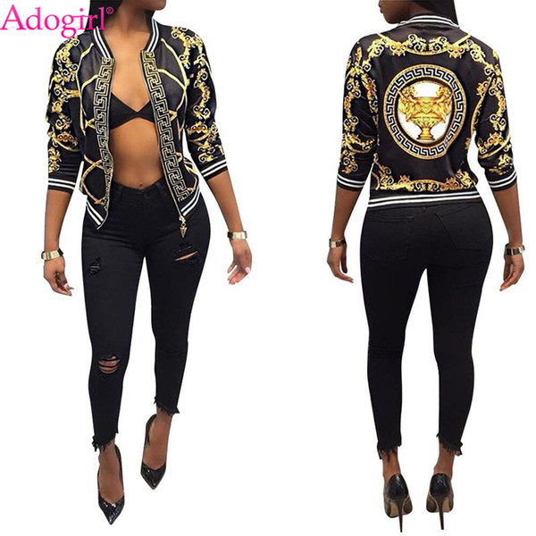 Adogirl Fashion Print Women Bomber Jacket Long Sleeve Zipper Slim Baseball Outwear High Quality Ladies Spring Autumn Coats Tops