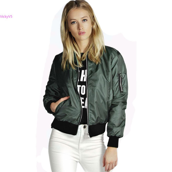 Wholesale-2015 Top Autumn Bomber Jackets Women Stand Collar Coats Zipper Casual Jaqueta Sleeves Sports Leisure Coat Outwear Army vy